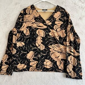 Vintage Alfani Woman 2X Faux Wrap Floral Blouse Top Black Tan Neutral Artsy Boho